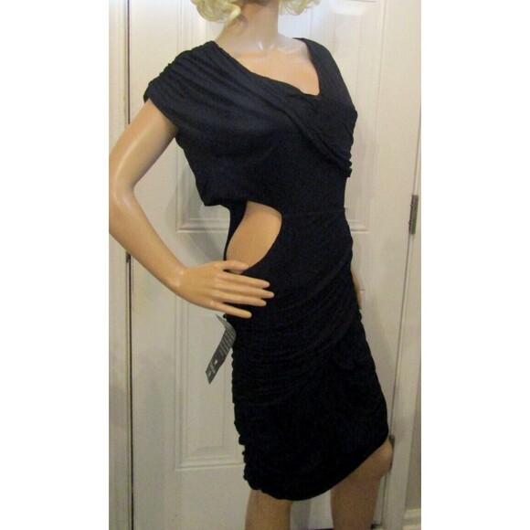 Bebe Dress NWT Little Black Ruched Bodycon Side Cut Out Stretchy Size L - Picture 3 of 8